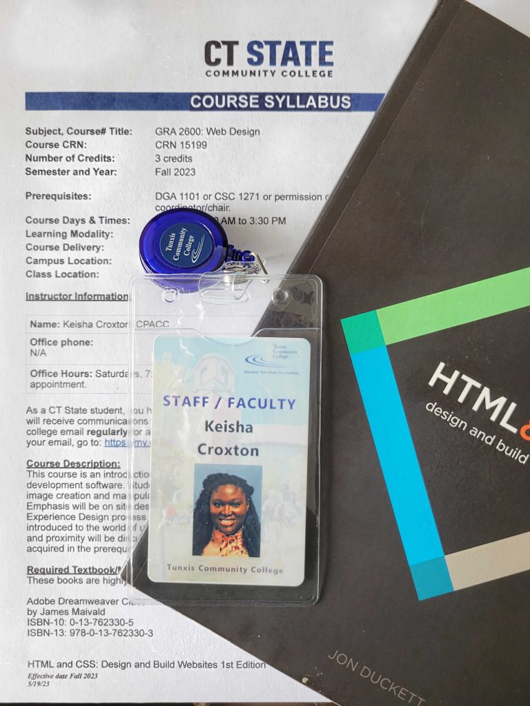 Keisha's Tunxis Staff ID on top of a course syllabus and HTML book
