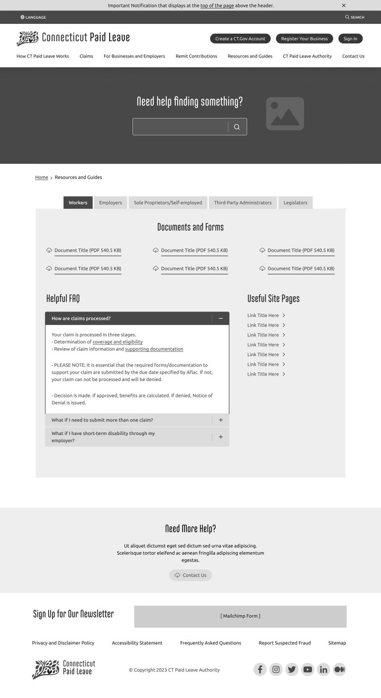 A wireframe of the same Resources page showing the design more refined and filled out with elements