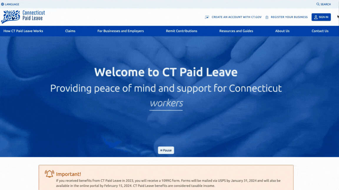 Home page scroll through of CT Paid Leave website